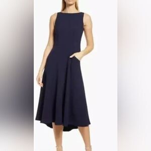 Eliza J Bateau Neck Fit Flare Dress Midi Navy Blue sz 2 NWOT